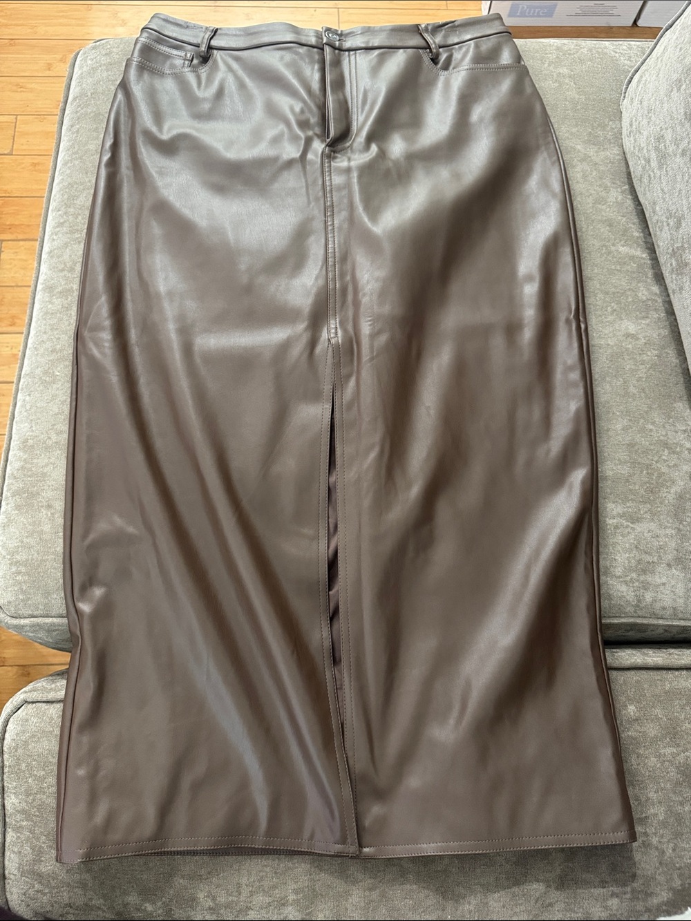 Sleek Brown Faux Leather Midi Skirt with Front Slit